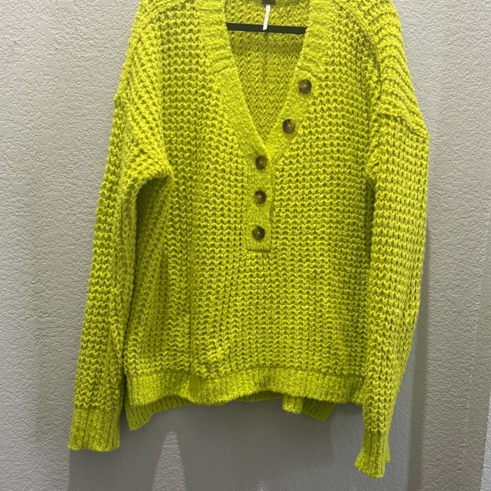 Free People Lime V-Neck Sweater with Buttons